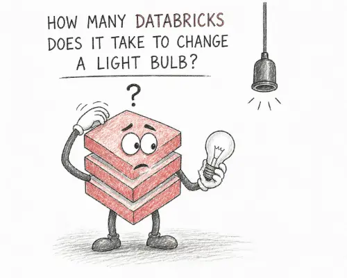 Cartoon databricks character scratching his head about how to change a lightbulb